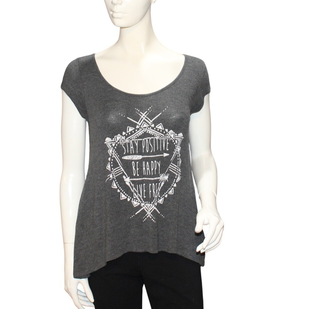 Ocasion Graphic Scoop Neck Top Charcoal Open Lace Back Size S